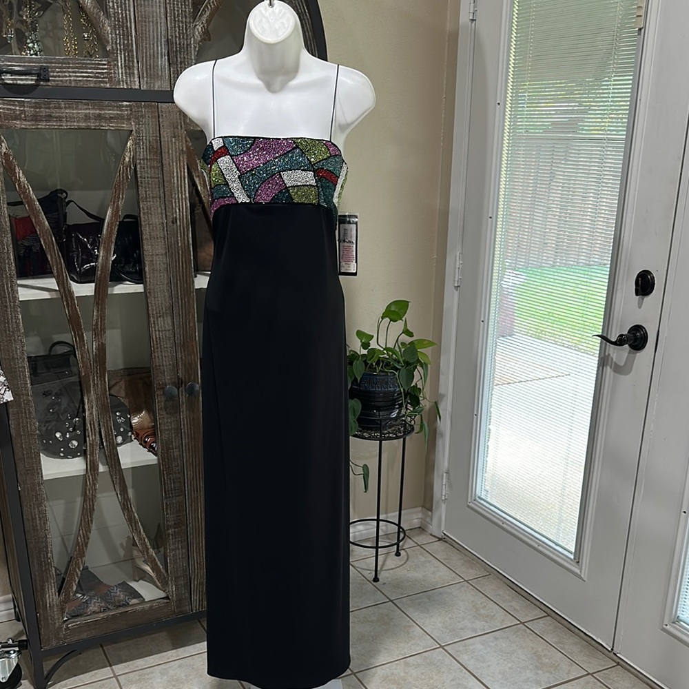 Black Sheath Cocktail Dress with Green Spaghetti Straps